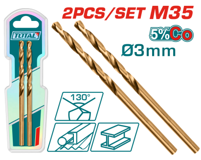 Set 2 burghie pentru metal TOTAL HSS M35 cu cobalt 5% 3 mm, 130°