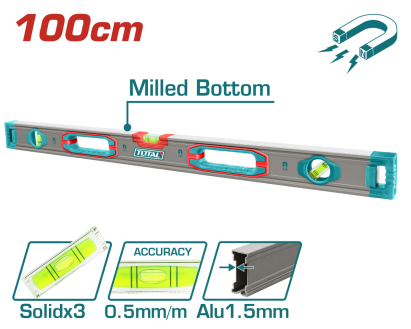 Nivela magnetica cu bula TOTAL 100 cm, industriala, 4 magneti, precizie 0,5 mm/m