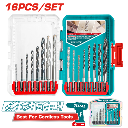 Set burghie TOTAL 16 piese pentru metal, beton și lemn, prindere hexagonală