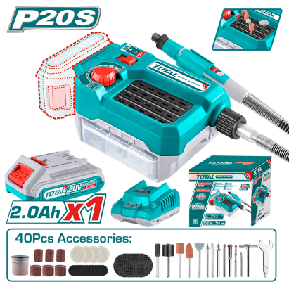 Mini polizor TOTAL 20V 2.0Ah, cu acumulator, incarcator si 40 accesorii