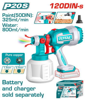 Pistol de vopsit TOTAL 20V fara fir, cu rezervor 1000 ml, duze 1.5/2.5 mm