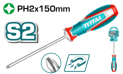 Șurubelniță Phillips PH2 TOTAL, vârf magnetic, oțel S2, 150 mm, industrial