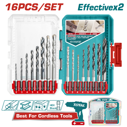 Set burghie TOTAL 16 piese pentru metal, beton și lemn, cu tijă hexagonală