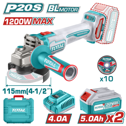 Polizor unghiular TOTAL 115 mm, 20V Li-Ion, brushless, cu 2x5Ah si incarcator