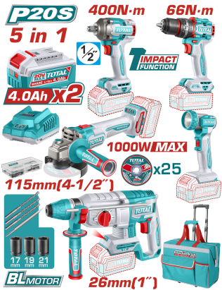 Set TOTAL 20V cu 5 unelte brushless, 2 acumulatori 4.0Ah și încărcător