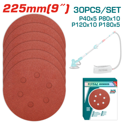 Set discuri hârtie abrazivă TOTAL 225 mm, 30 buc (P40–P180) pentru șlefuit pereți