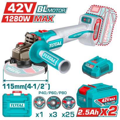 Polizor unghiular TOTAL 42V, 115 mm, brushless, 1280 W max, cu 2 acumulatori