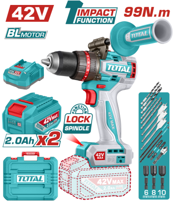 Mașină de găurit cu percuție TOTAL 42V brushless, 99 Nm, 2 acumulatori și încărcător