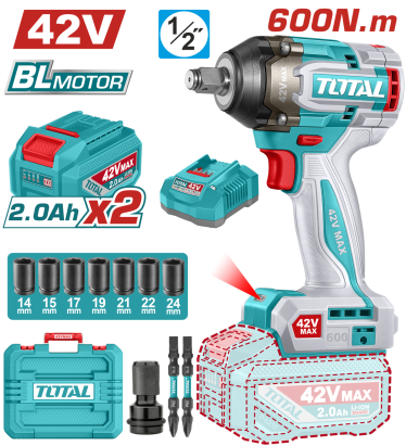 Mașină de înșurubat cu impact TOTAL 42V, 1/2”, 600 Nm, 2 acumulatori
