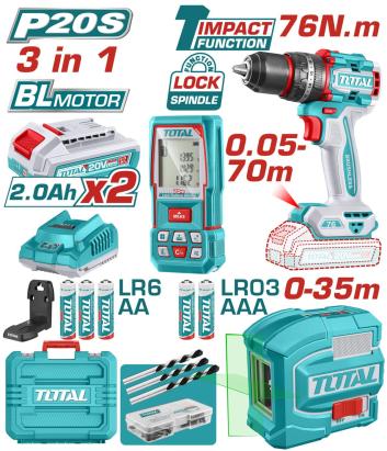 Kit combo TOTAL 20V 3 în 1: bormașină cu impact, nivelă laser, telemetru