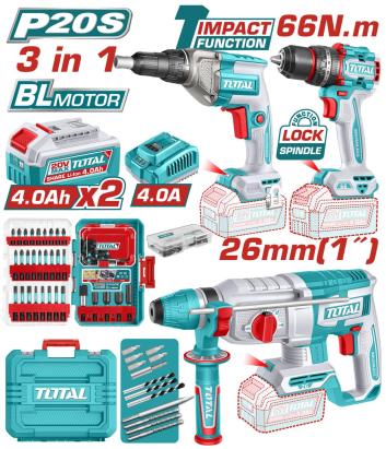 Kit combo TOTAL 20V 3-în-1: mașină găurit cu impact, șurubelniță, rotopercutor