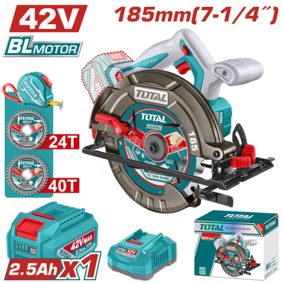 Fierăstrău circular TOTAL 42V brushless, 185 mm, cu acumulator și încărcător