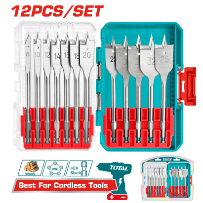 Set 12 burghie plate pentru lemn TOTAL, tijă hex 1/4", 8–32 mm