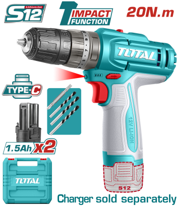Mașină de găurit cu percuție TOTAL 12V, 2x1.5Ah, 20 Nm, USB-C (fără încărcător)