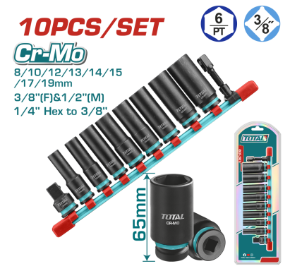 Set tubulare de impact adanci 3/8" TOTAL, 10 piese Cr-Mo cu adaptoare
