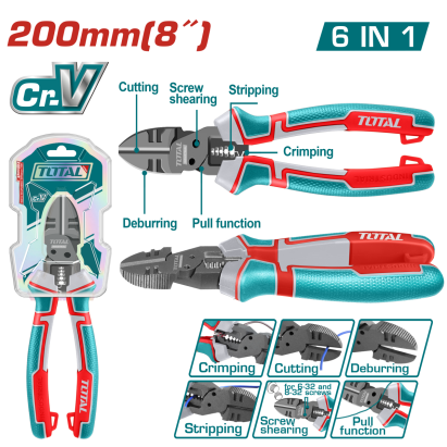 Clește multifuncțional TOTAL 6 în 1 industrial, 200 mm, oțel Cr-V, teflon