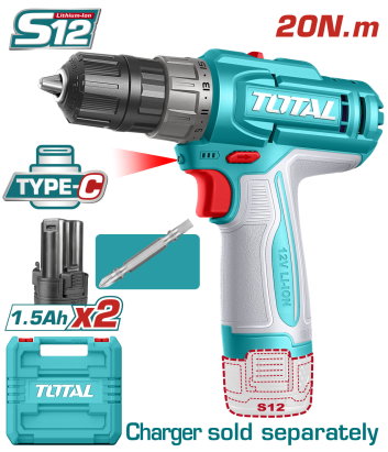 Mașină de găurit/înșurubat TOTAL 12V Li-Ion, 20 Nm, 2x1.5Ah, LED