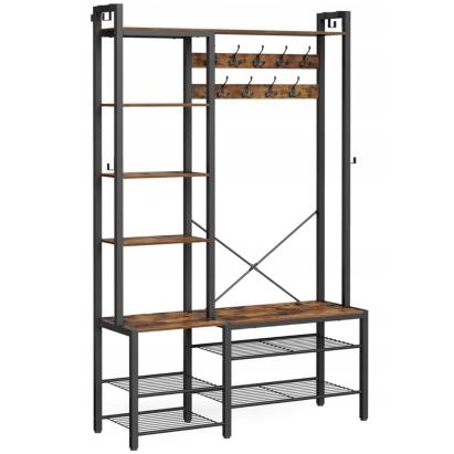 VASAGLE Cuier hol 4 in 1 cu banca, pantofar si rafturi, cadru metalic, stil industrial, 40x120x190 cm, maro rustic Household NewTrend