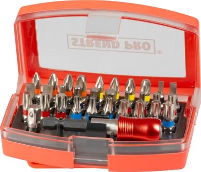 Set biți Strend Pro 32 piese, 25 mm, oțel S2, cu suport și adaptor