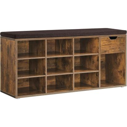 VASAGLE Banca de depozitare cu suport pentru pantofi, 10 compartimente si dulap, cu perna, 30x104x48cm, maro rustic Household NewTrend