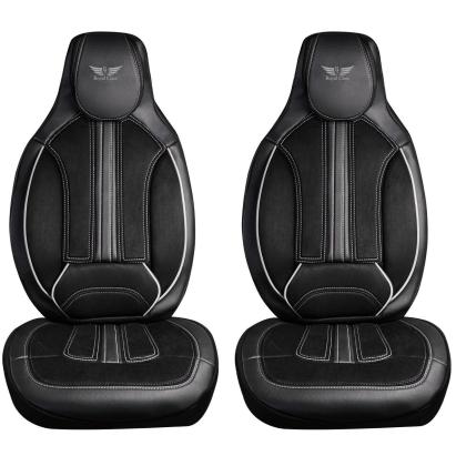 Set 2 Huse Scaune Fata Auto, Ergonomice, Panda, compatibile cu tetiere incorporate- monobloc, tip alcantara si piele ecologica, negru cu cusatura gri Automobile ProTravel