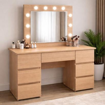 Masa de toaleta/machiaj, Vanessa, stejar, cu oglinda si LED-uri, 130x43x143 cm GartenVIP DiyLine