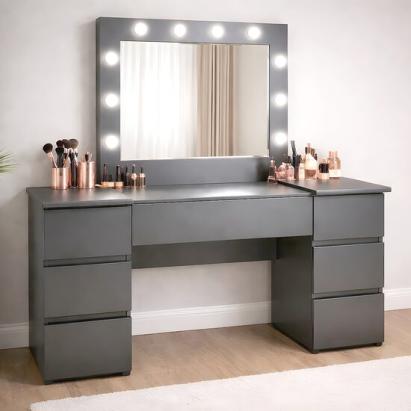 Masa de toaleta/machiaj, Antonia, antracit, cu oglinda si LED-uri, 155x42x135 cm GartenVIP DiyLine
