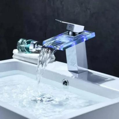 Baterie lavoar tip cascadă cu sticlă și lumină RGB, crom lucios, OD3008