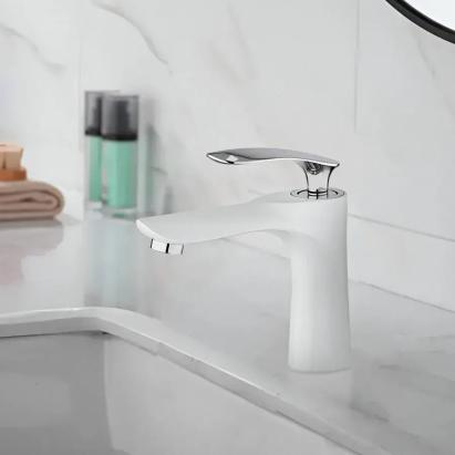 Baterie lavoar alb lucios din alamă sanitară, monocomandă, OD-2069