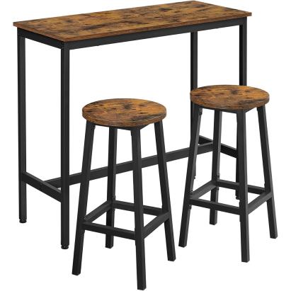 VASAGLE Set masa bar cu 2 scaune rotunde, cadru metalic, stil industrial, 100x40x90 cm, maro rustic Household NewTrend