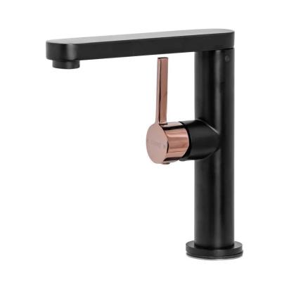 Baterie lavoar negru mat cu accente rose gold, alamă sanitară, 20 cm