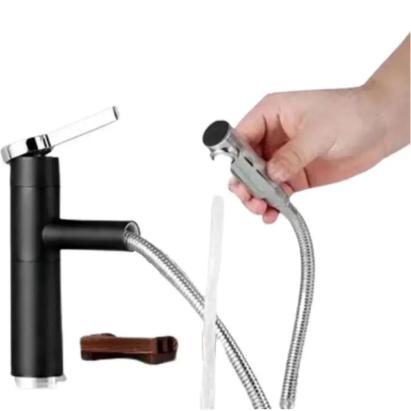 Baterie lavoar neagră cu duș extractibil, din alamă sanitară, 22 cm, WZX/2022