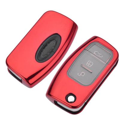 Husă roșie TPU+PC pentru cheie briceag Ford cu 3 butoane, protecție premium