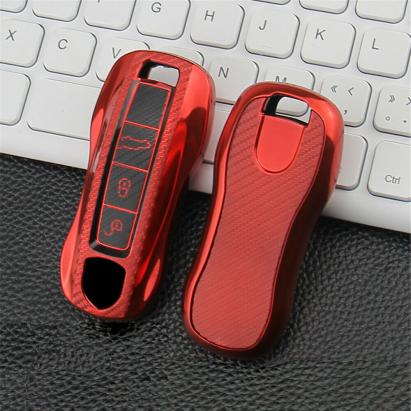 Husă cheie Porsche Smartkey roșie carbon, protecție TPU+PC pentru 3/4 butoane