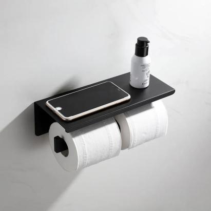 Suport dublu hârtie igienică din inox, cu raft pentru telefon/parfum, negru