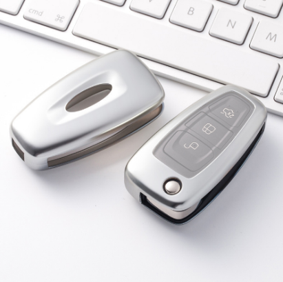 Husă cheie Ford tip briceag din TPU+PC, gri silver, pentru Focus Fiesta Transit