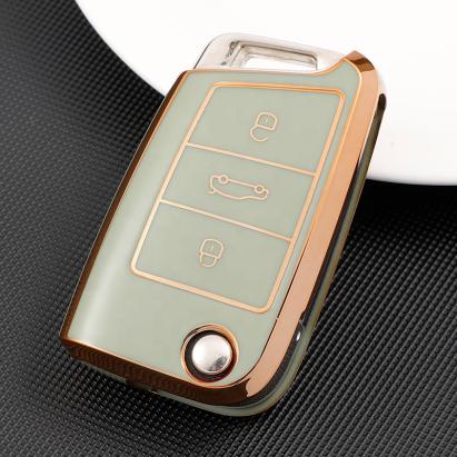 Husă pentru cheie briceag 3 butoane, TPU verde cu contur auriu, compatibilă Golf MK7