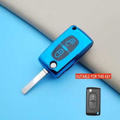 Husă TPU albastră pentru cheie briceag Peugeot 307/308/207, 2 butoane