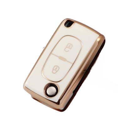 Husă cheie briceag Peugeot 307/308/207, TPU alb cu contur auriu, 2 butoane