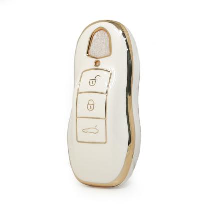 Husă cheie Porsche Smartkey Keyless Go, 3 butoane, TPU alb cu contur auriu