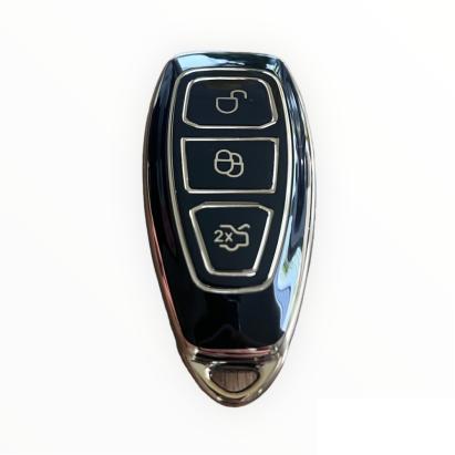 Husă cheie smartkey Ford Kuga din TPU, negru cu contur auriu, 3 butoane