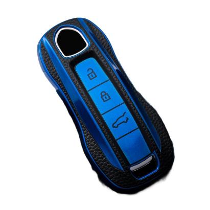 Husă cheie Porsche Smartkey model nou, TPU aspect piele, 3 butoane, albastră
