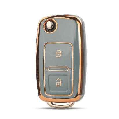 Husă cheie briceag compatibilă VW Golf 4, 2 butoane, TPU gri-albăstrui cu contur auriu