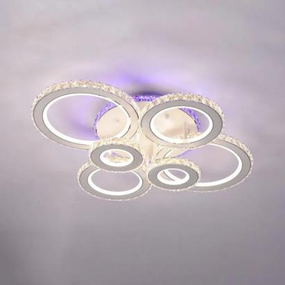 Lustră LED RGB Zafina 238W cu telecomandă și cristale, 6 cercuri, alb