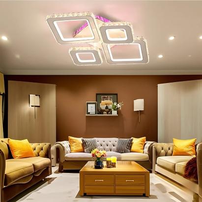 Lustră LED TERRANO RGB 162W cu telecomandă, 4 pătrate, dimabilă, alb-crom lucios