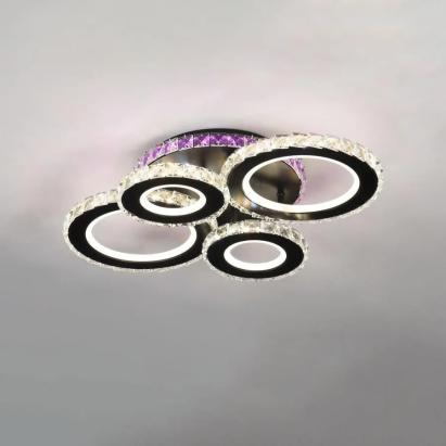 Lustră LED Zafina RGB 136W cu telecomandă, 4 cercuri cu cristale, dimabilă, negru