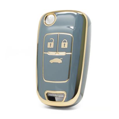 Husă cheie briceag Opel Astra J/Insignia, TPU premium, 3 butoane, gri-albăstrui cu contur auriu