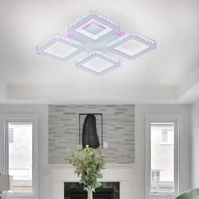 Lustră LED Leila 69W cu telecomandă, cristal și RGB, 4 pătrate, alb-crom