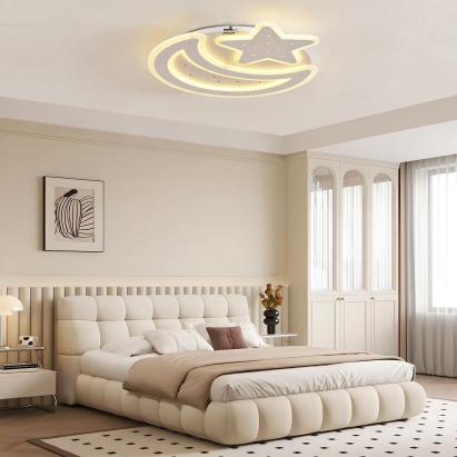 Lustră LED Coralia 90W cu telecomandă, model Lună și Stea, albă, dimabilă