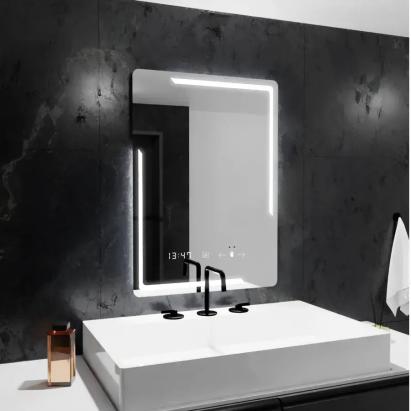 Oglindă LED dreptunghiulară pentru baie 60x80 cm, dimabilă, cu dezaburire, ceas și termometru